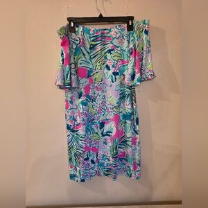 Lilly Pulitzer Fawcett Off Shoulder Early Bloomer Pink and Blue Dress - M